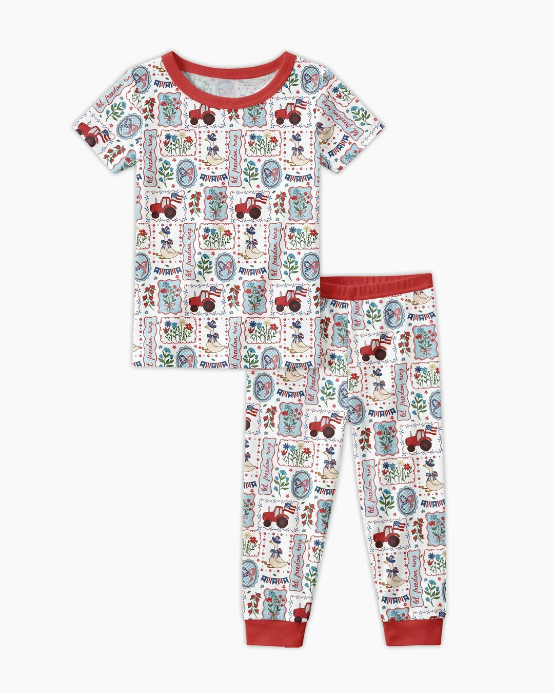 Pijama de dos piezas de bambú de manga corta a juego para la familia, diseño de ganso tonto, estilo patriótico de EE. UU.