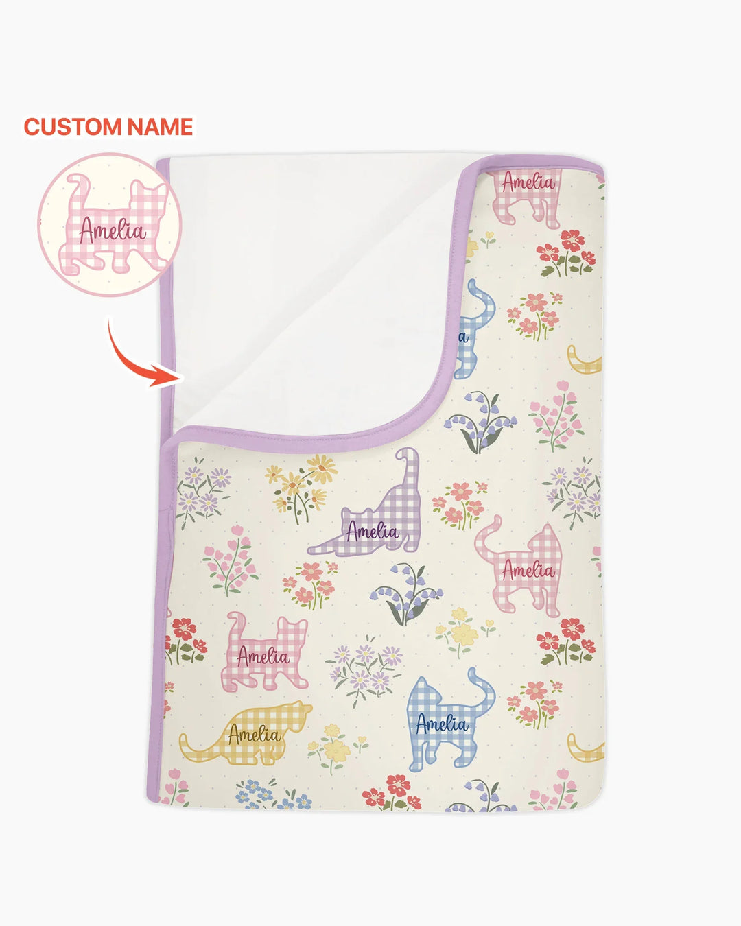 Manta de bambú Gingham Cats con nombre personalizado