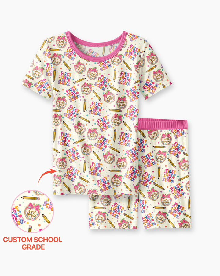 Custom School Grade First Day Cutie Bamboo Two Piece Short Sleeve Shorts Pajama Set