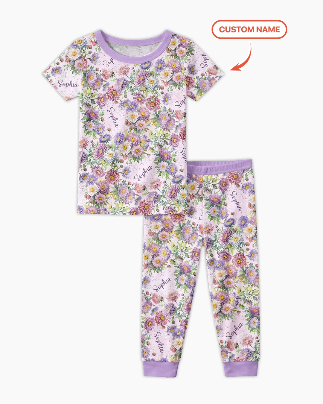 Custom Name Birth Month Flowers Bamboo Two Piece Short Sleeve Pajama Set