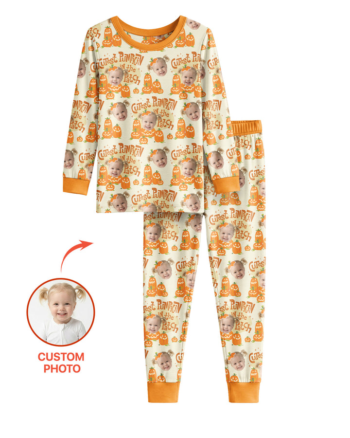 Custom Photo Cutest Pumpkin in the Patch Bamboo Two Piece Long Sleeve Pajama Set