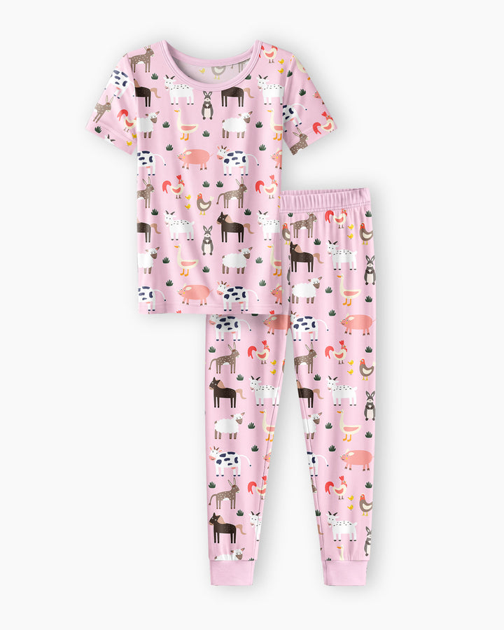 Pink Farm Animals Bamboo Two Piece Short Sleeve Pajama Set