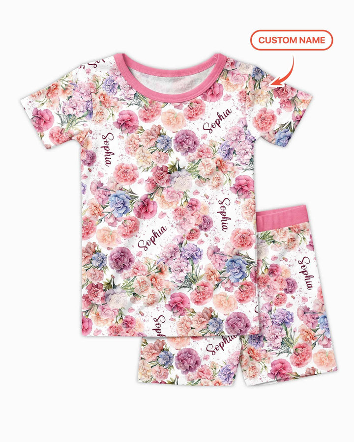 Custom Name Birth Month Flowers Bamboo Two Piece Short Sleeve Shorts Pajama Set