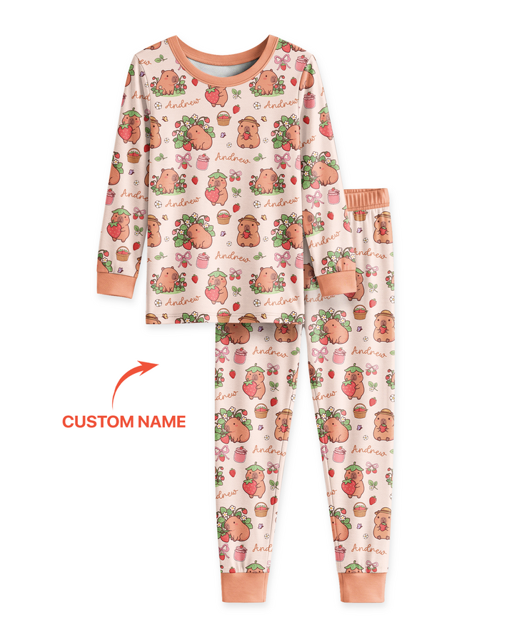 Custom Name Capybara Strawberry Bamboo Two Piece Long Sleeve Pajama Set
