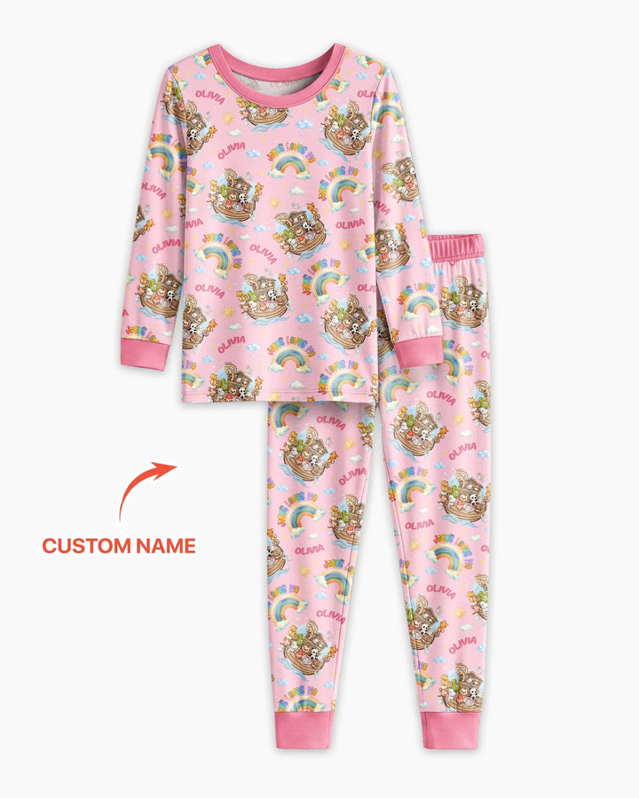 Custom Name Jesus Loves Me Noah's Ark Bamboo Two Piece Long Sleeve Pajama Set