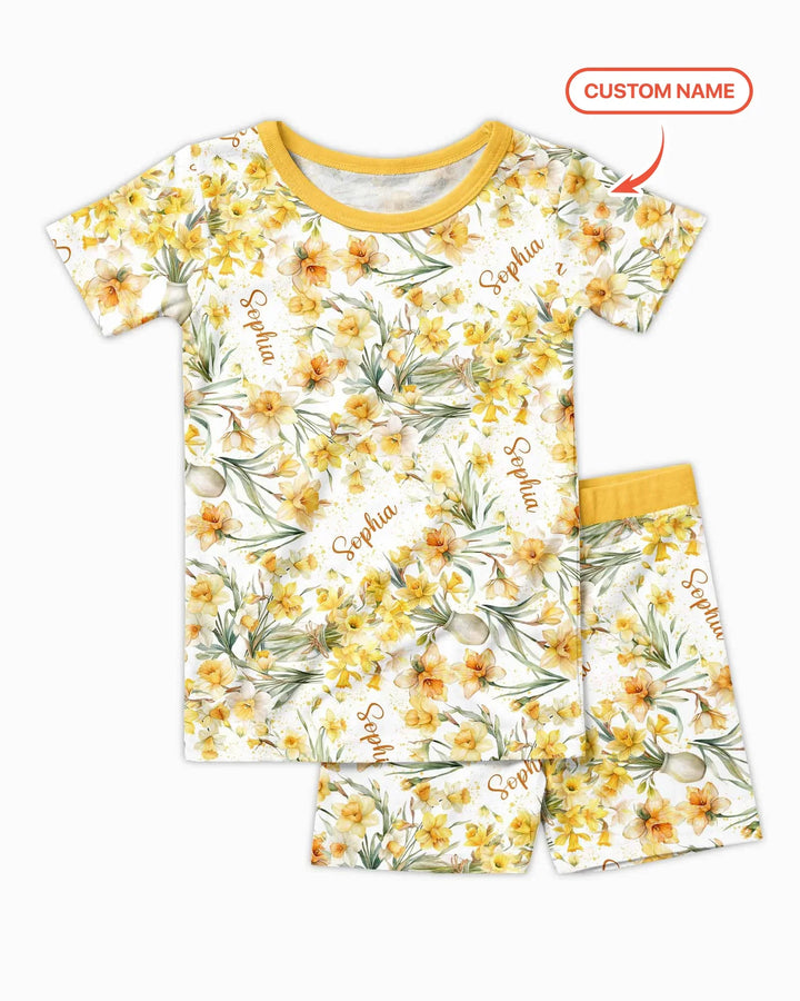 Custom Name Birth Month Flowers Bamboo Two Piece Short Sleeve Shorts Pajama Set