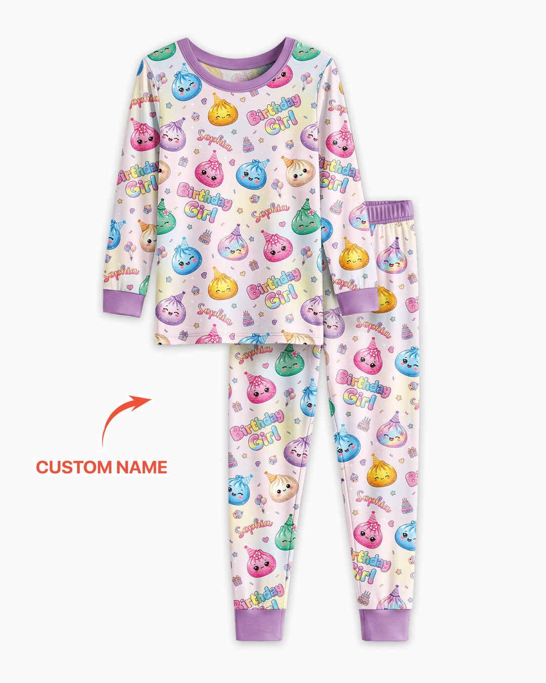 Custom Name Glitter Dumpling Birthday Girl Bamboo Two Piece Long Sleeve Pajama Set