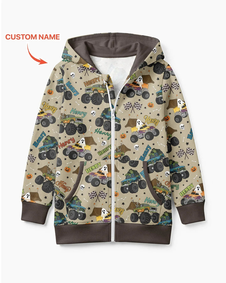 Custom Name Halloween Creepy Crusher Family Matching Bamboo Zip Hoodie