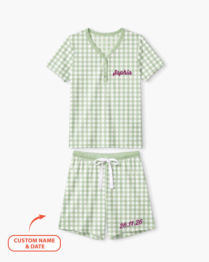 Embroidered Seersucker Bamboo Women Short Sleeve Short Pajama Set