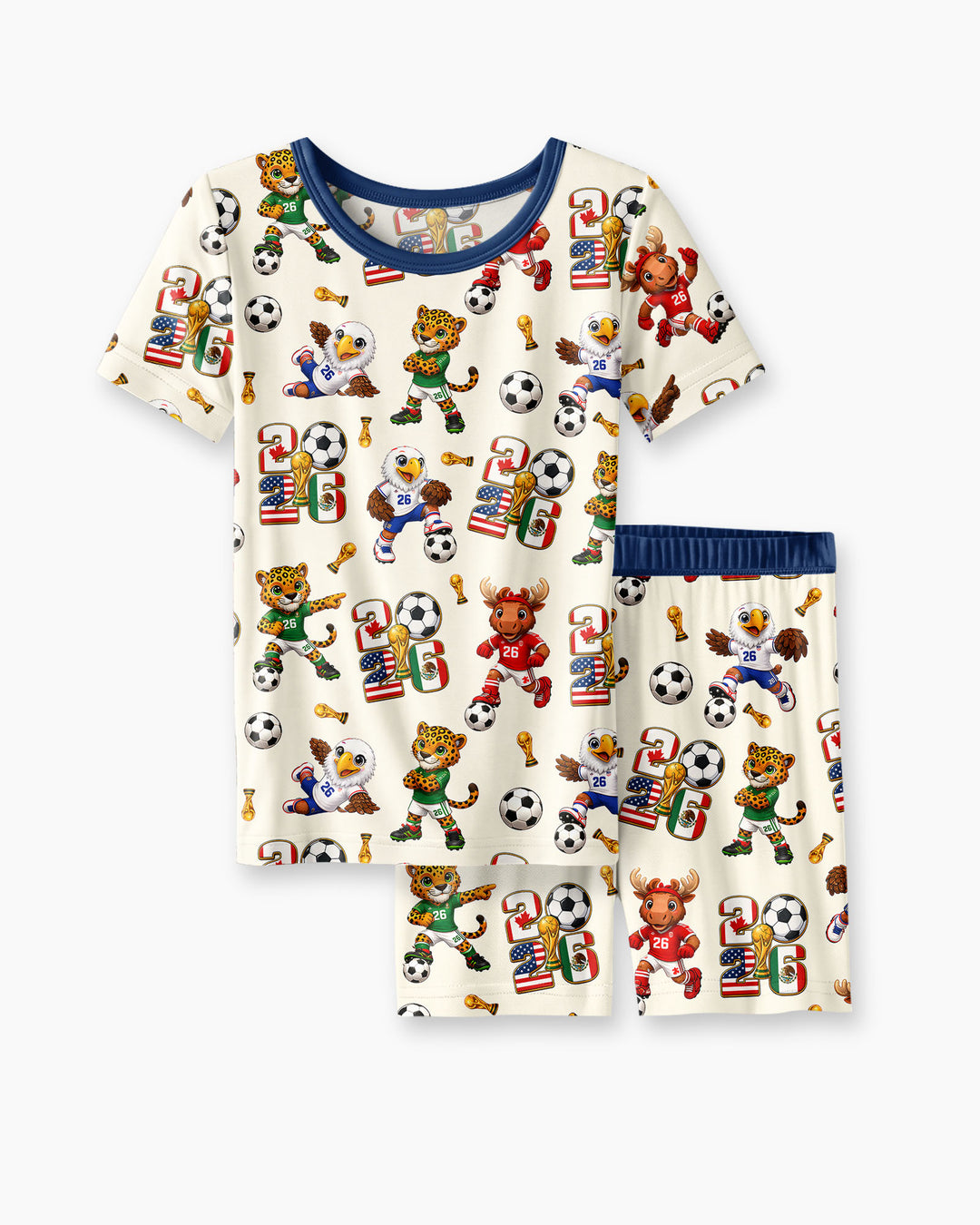 Cute Soccer Mascots USA CAN MEX Bamboo Two Piece Short Sleeve Shorts Pajama Set