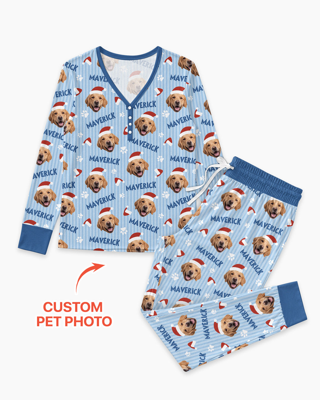 Custom Pet Photo Christmas Paws Stripe Bamboo Women Pajama Set