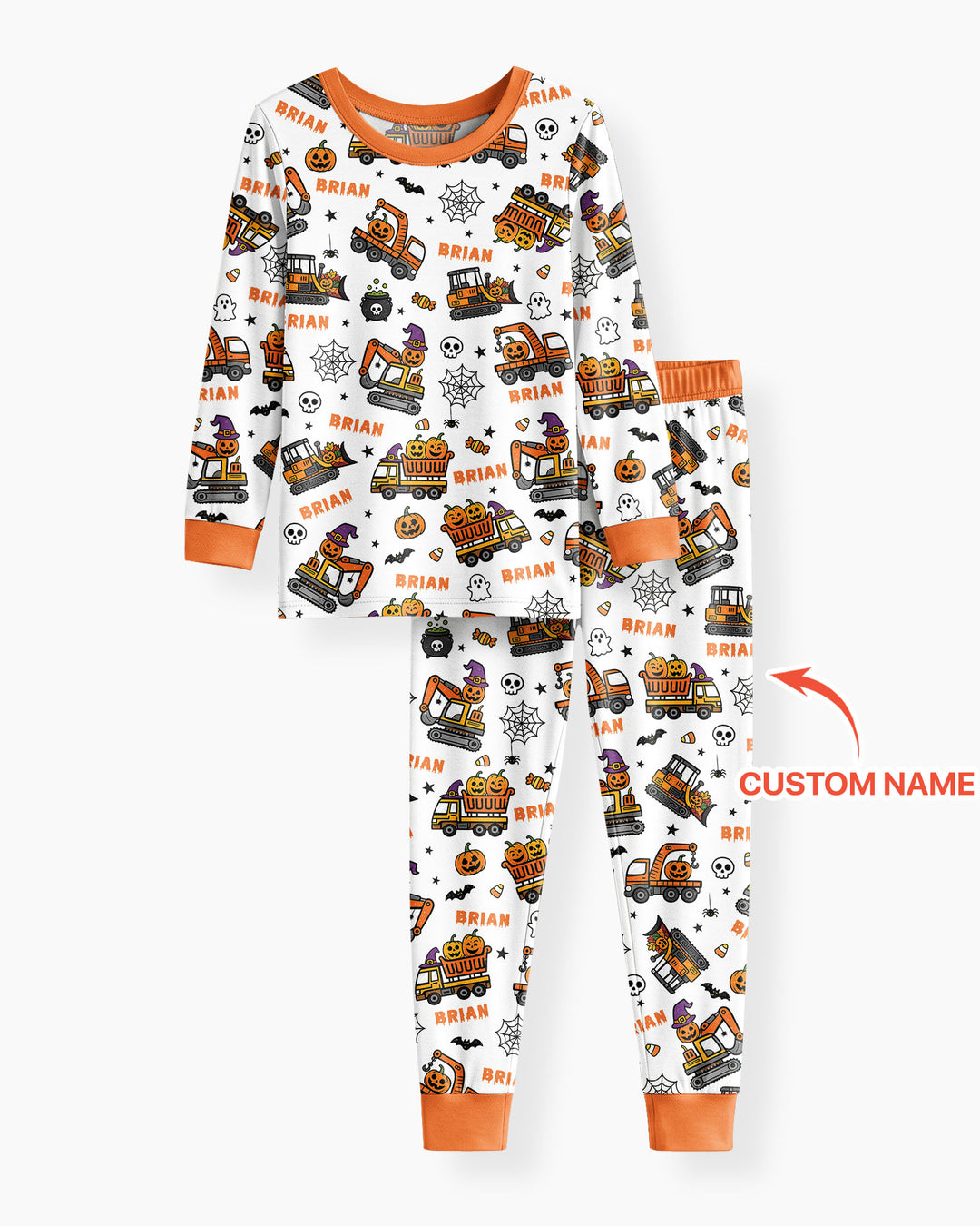 Custom Name Halloween Construction Trucks Bamboo Two Piece Long Sleeve Pajama Set