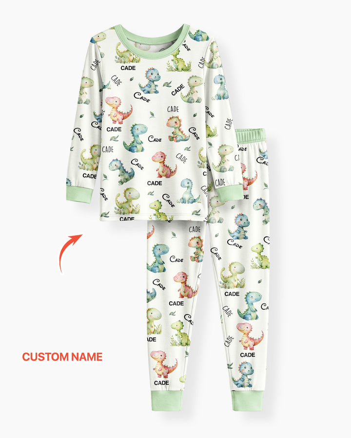 Conjunto de pijama de dos piezas de bambú de manga larga con nombre personalizado de dinosaurio