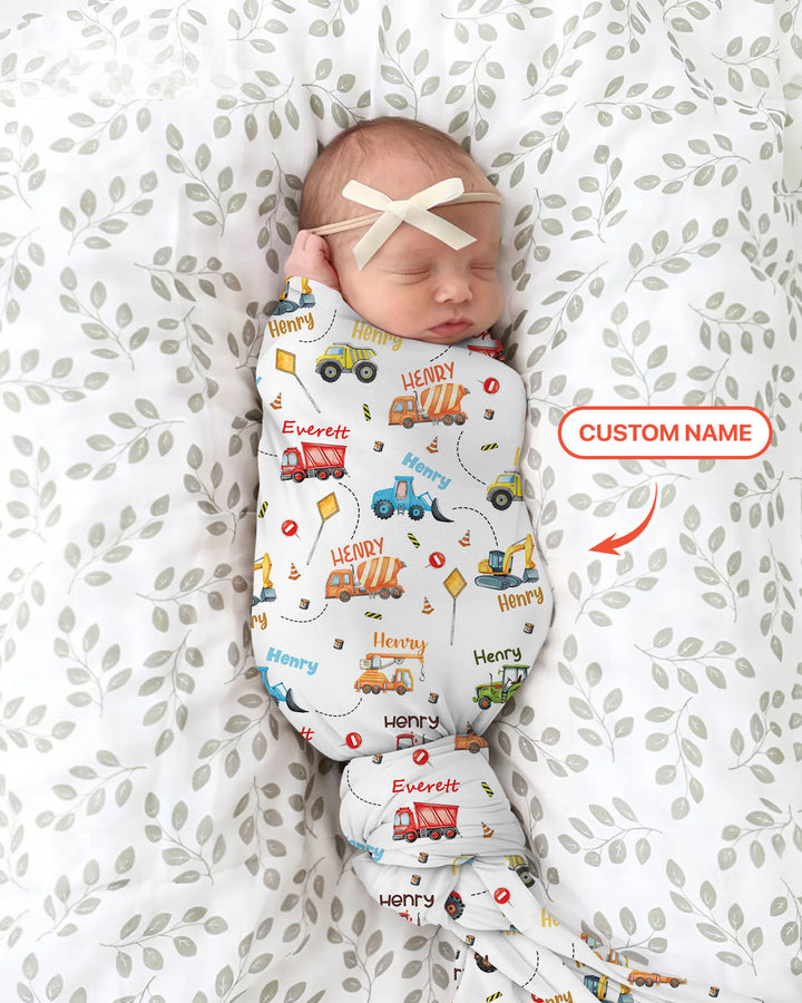 Construction Vehicles Custom Name swaddle blanket