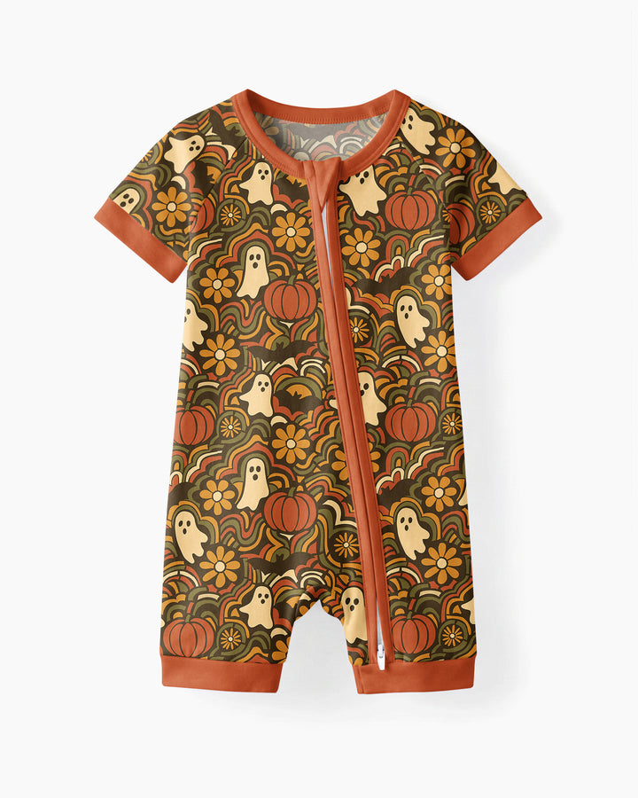 Retro Halloween Ghost Pumpkin Floral Bamboo Shorty Zippy
