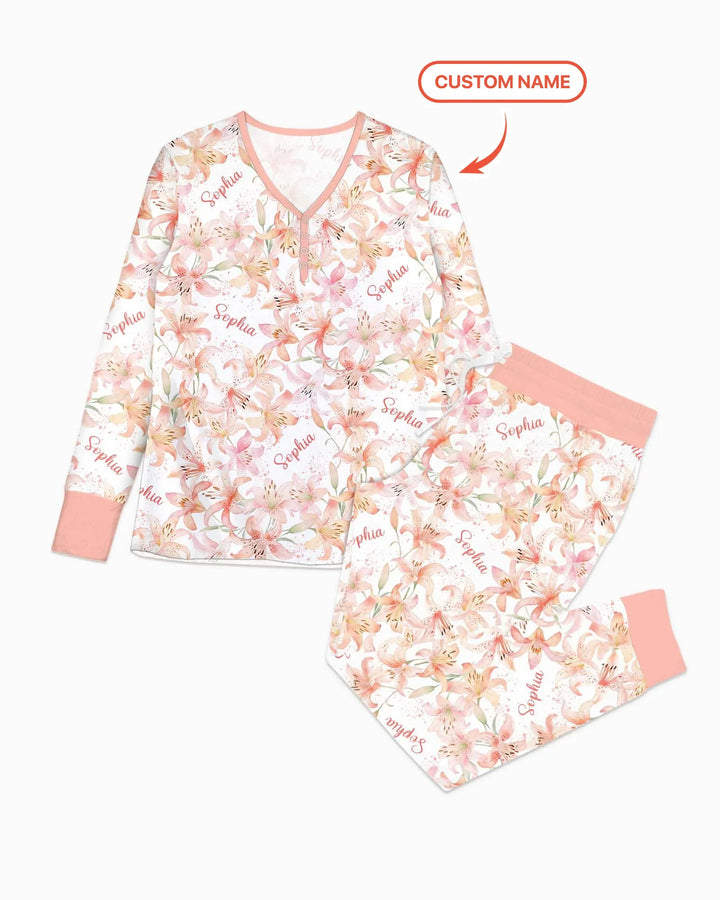 Benutzerdefinierter Name Geburtsmonatsblumen Bambus Damen Schlafanzug-Set