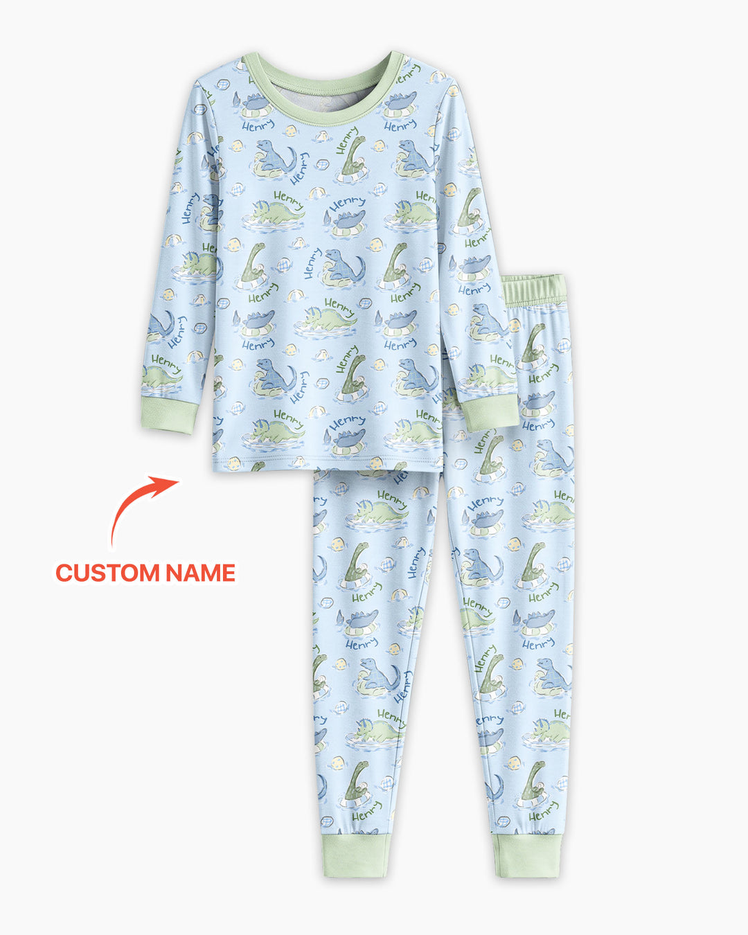 Dinos Swimming Custom Name Bamboo Two Piece Long Sleeve Pajama Set