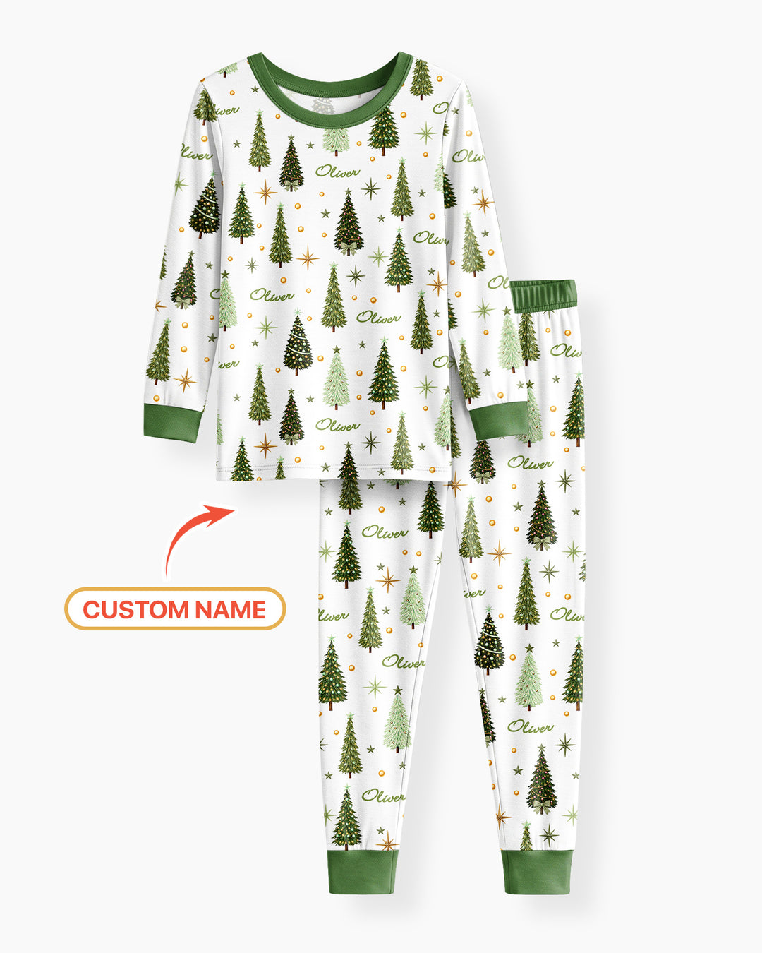 Custom Name Merry Christmas Tree Bamboo Two Piece Long Sleeve Pajama Set
