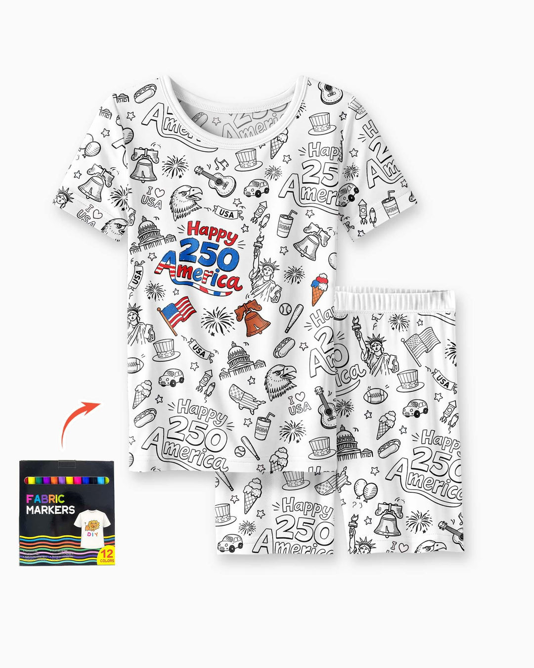 All Colorable Happy 250 America I love USA Bamboo Two Piece Short Sleeve Shorts Pajama Set
