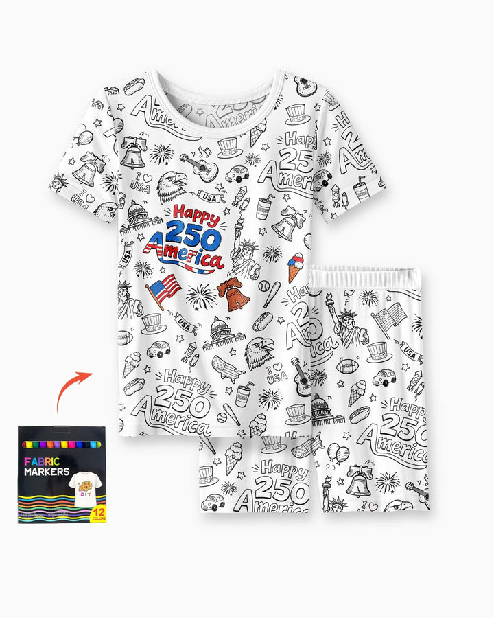 All Colorable Happy 250 America I love USA Bamboo Two Piece Short Sleeve Shorts Pajama Set