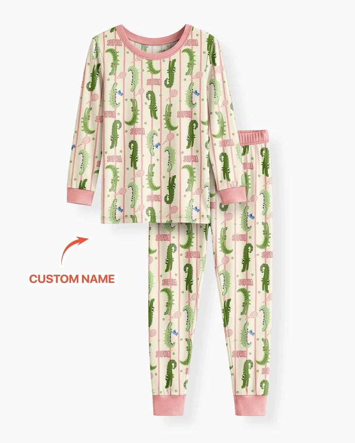Custom Name Tennis Crocodiles Bamboo Two Piece Long Sleeve Pajama Set