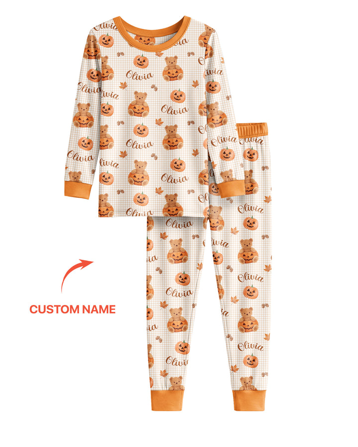 Custom Name Pumpkin Teddy Bamboo Two Piece Long Sleeve Pajama Set