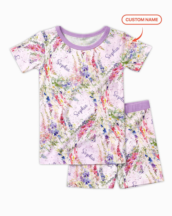 Custom Name Birth Month Flowers Bamboo Two Piece Short Sleeve Shorts Pajama Set