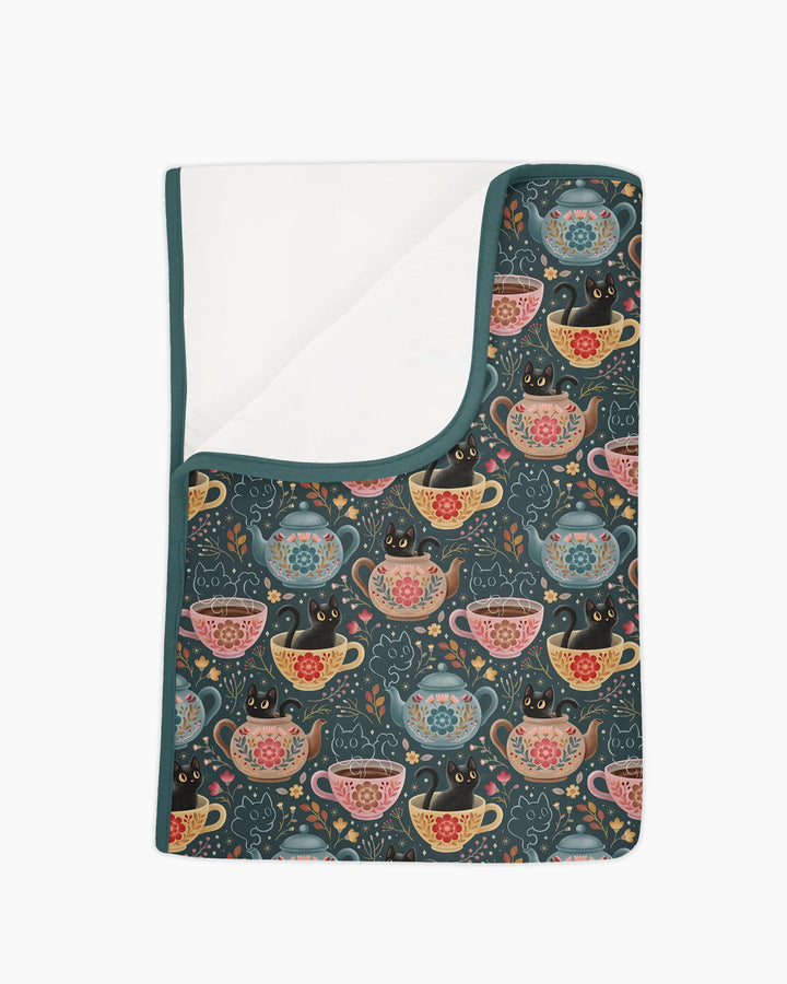 Folk Floral Black Cat Tea Party Bamboo Blanket