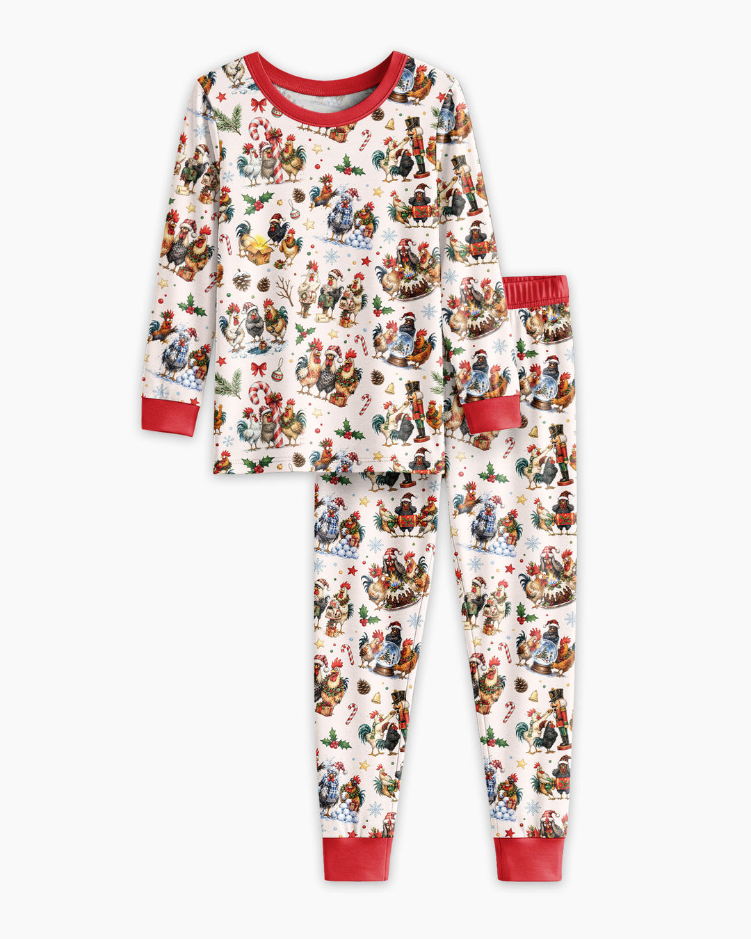 Funny Roosters On Christmas Bamboo Two Piece Long Sleeve Pajama Set