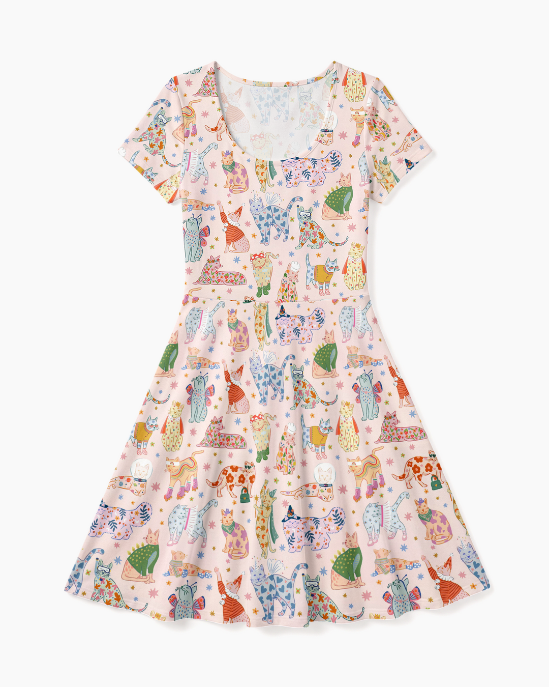 Whimsical Cat Parade Bamboo Women’s Short Sleeve Twirl Dress