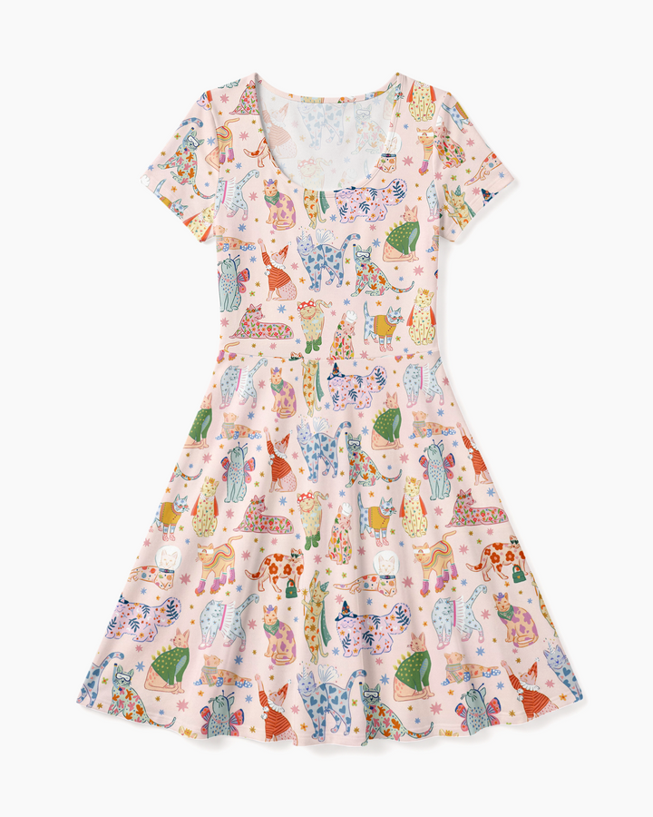 Whimsical Cat Parade Bamboo Women’s Short Sleeve Twirl Dress