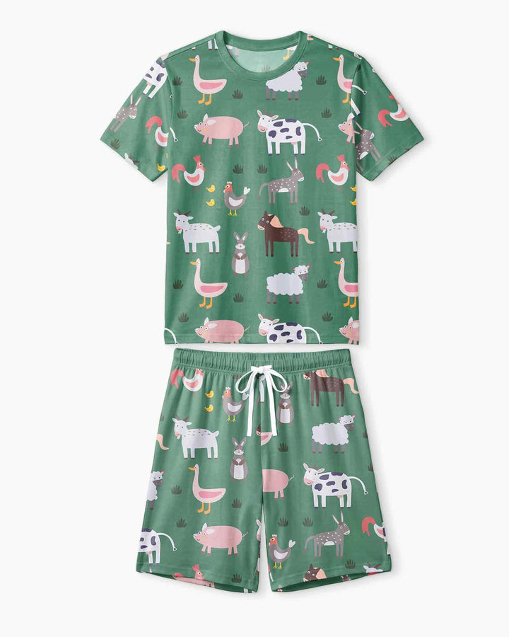 Green farm animals Bamboo Men Short Sleeve Short Pajama Set
