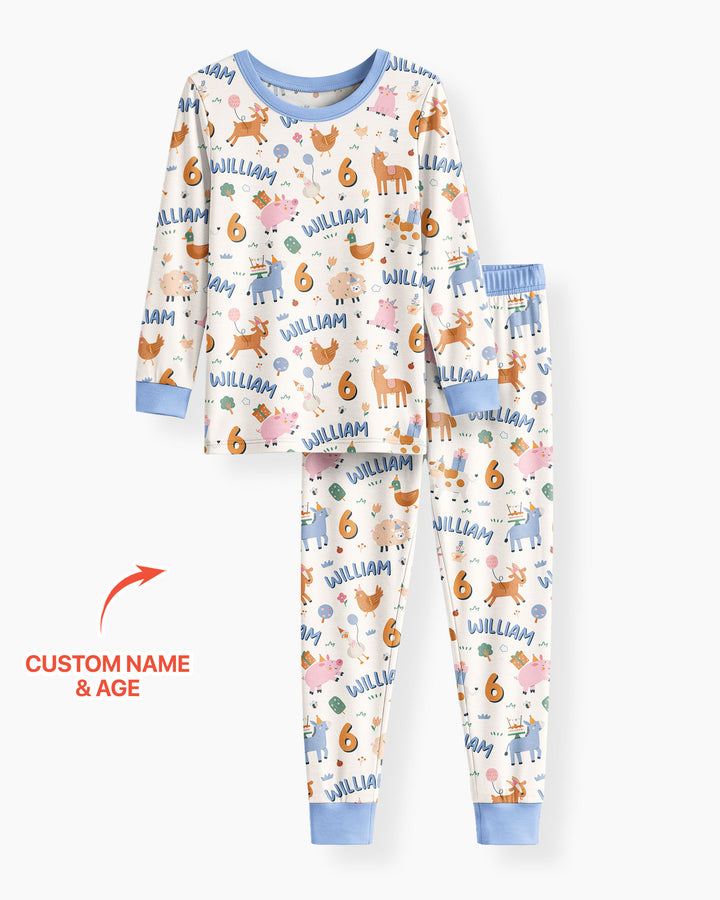 Personalized Farm Animals Birthday Bamboo Two Piece Long Sleeve Pajama Set