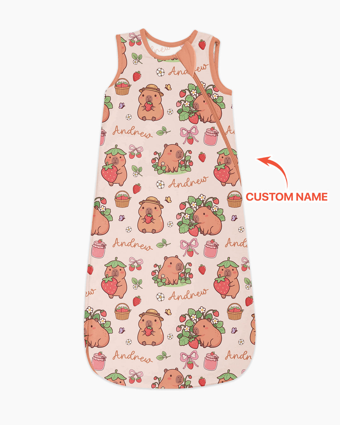 Custom Name Capybara Strawberry Bamboo Sleep Bag