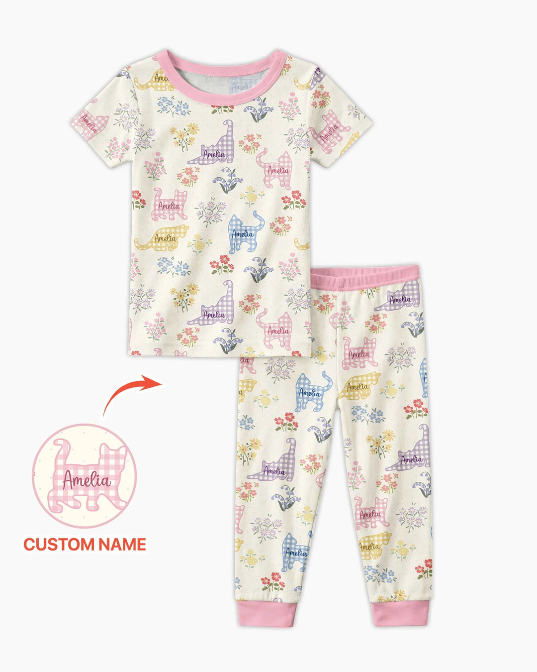 Gingham Cats Custom Name Bamboo Two Piece Short Sleeve Pajama Set