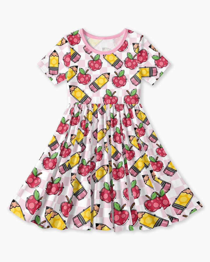 Checkered Apple Scribbles Bamboo Twirl Dress