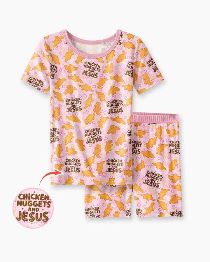 Chicken Nuggets and Jesus Family Matching Bamboo Two Piece Short Sleeve Shorts Pajama Set