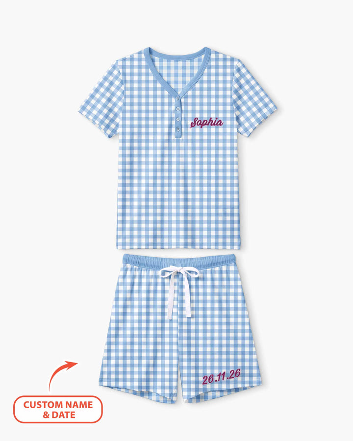 Embroidered Seersucker Bamboo Women Short Sleeve Short Pajama Set