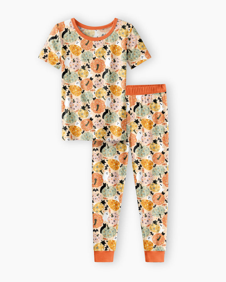 Floral Pumpkin Ghost Halloween Bamboo Two Piece Short Sleeve Pajama Set