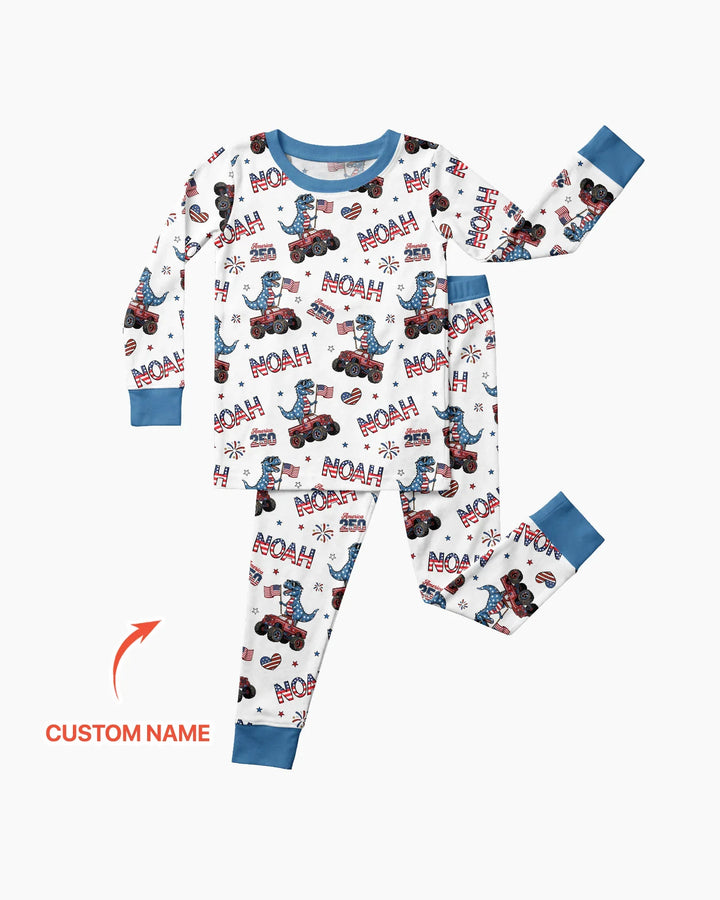 Custom Name American Flag Dinosaur Bamboo Two Piece Long Sleeve Pajama Set