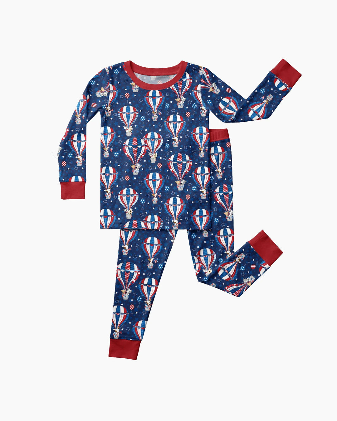 Conjunto de pijama de dos piezas de bambú con mangas largas a juego para la familia, con cachorros patrióticos en globos aerostáticos