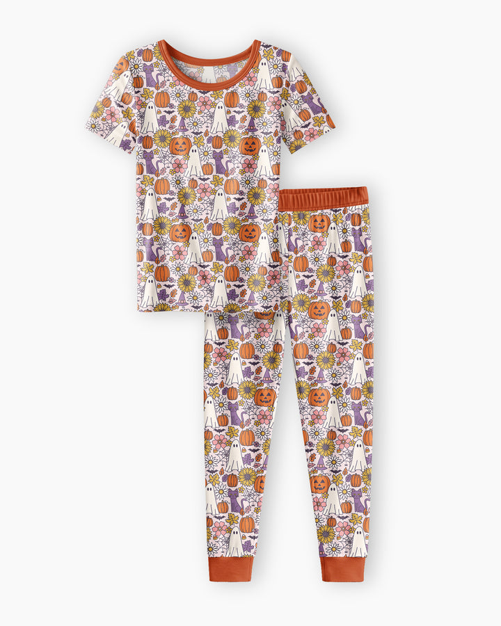 Ghost Pumpkin Fall Floral Halloween Bamboo Two Piece Short Sleeve Pajama Set