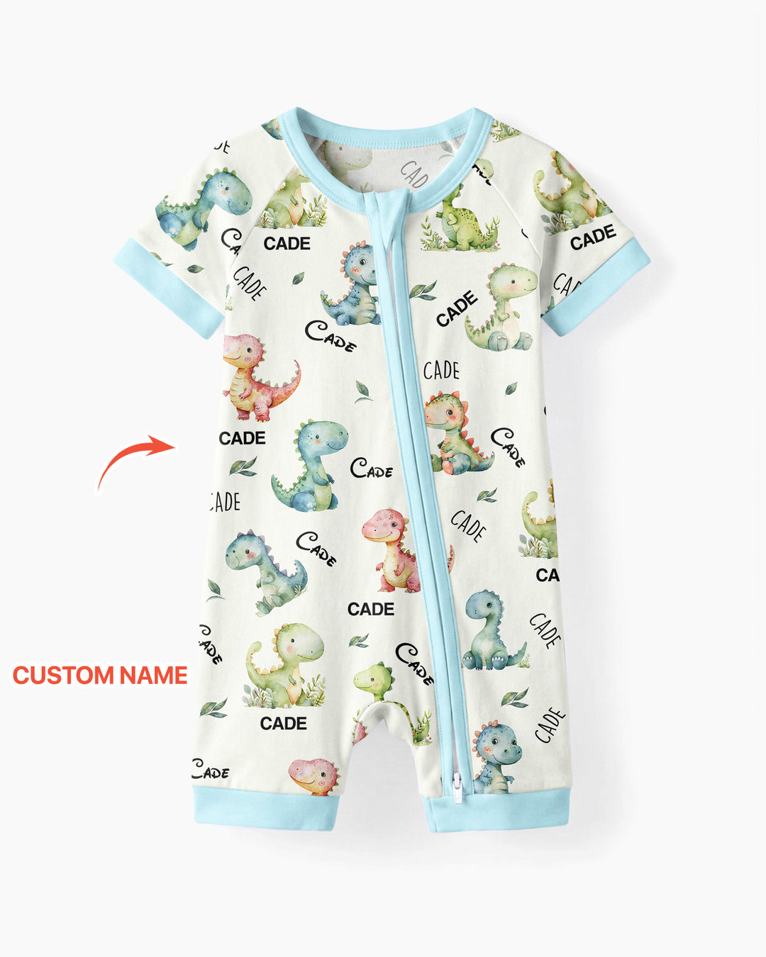 Pijama corto de bambú con cremallera y nombre personalizado de dinosaurio