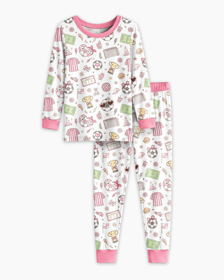 Pink Girly Soccer Coquette Bamboo Two Piece Long Sleeve Pajama Set