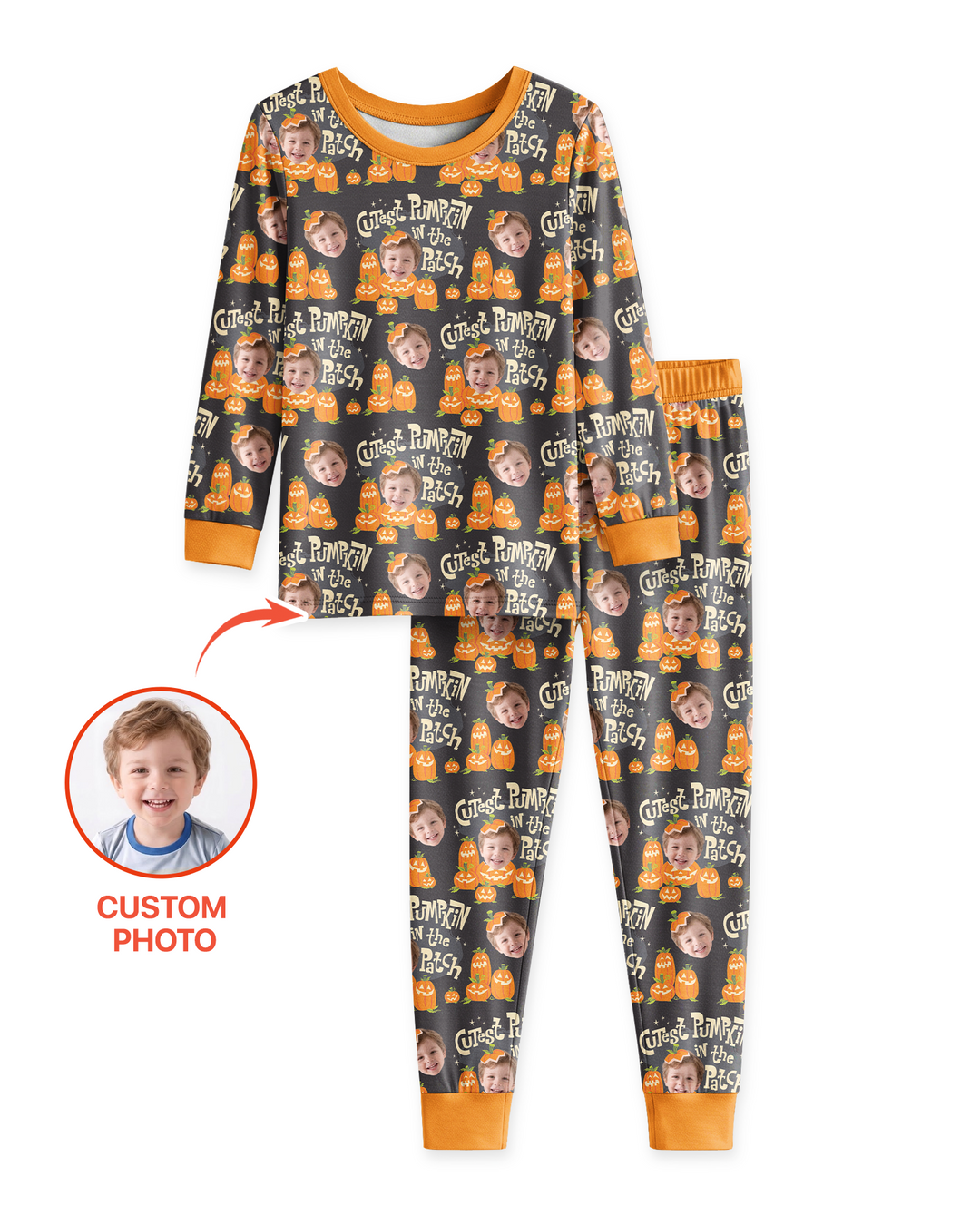Custom Photo Cutest Pumpkin in the Patch Bamboo Two Piece Long Sleeve Pajama Set