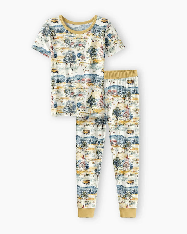 Whimsical Watercolor School Village Bamboo Two Piece Short Sleeve Pajama Set