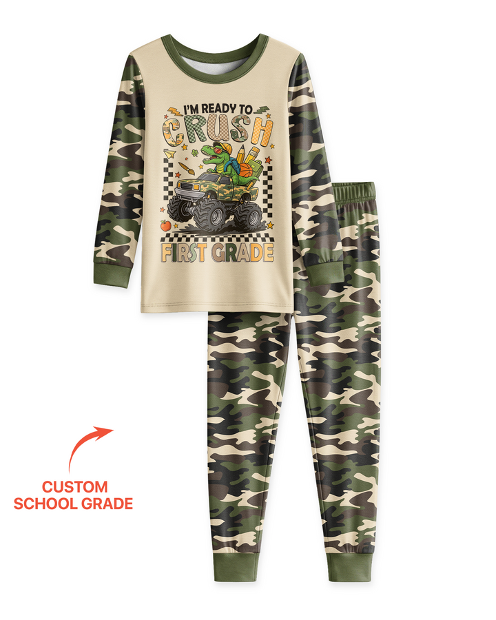Back To School Monster Truck Dino Bamboo Two Piece Long Sleeve Pajama Set