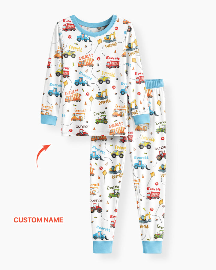 Construction Vehicles Custom Name Bamboo Two Piece Long Sleeve Pajama Set