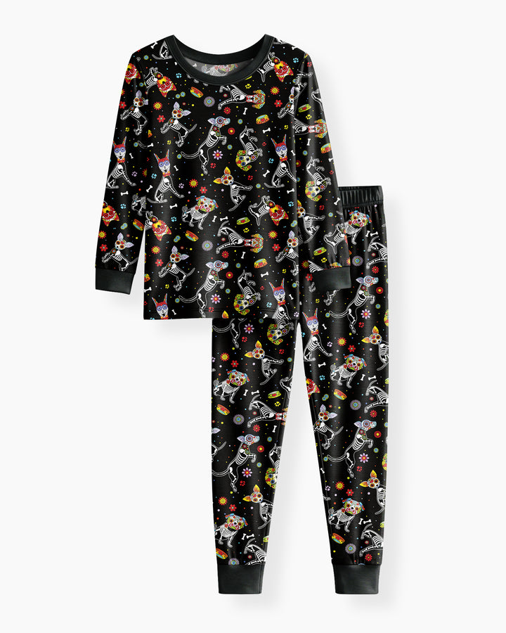 Sugar Skull Día de los Muertos Halloween Dog Mexican Bamboo Two Piece Long Sleeve Pajama Set