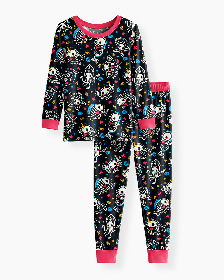 Kawaii Skeleton Ocean Animals Bamboo Two Piece Long Sleeve Pajama Set